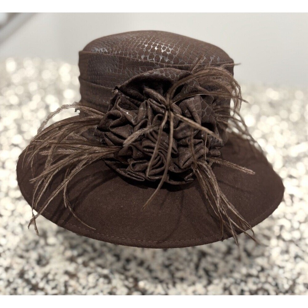Something Special Elegant Brown Wool Wide Brim Church Hat W/ Flowers & Feathers